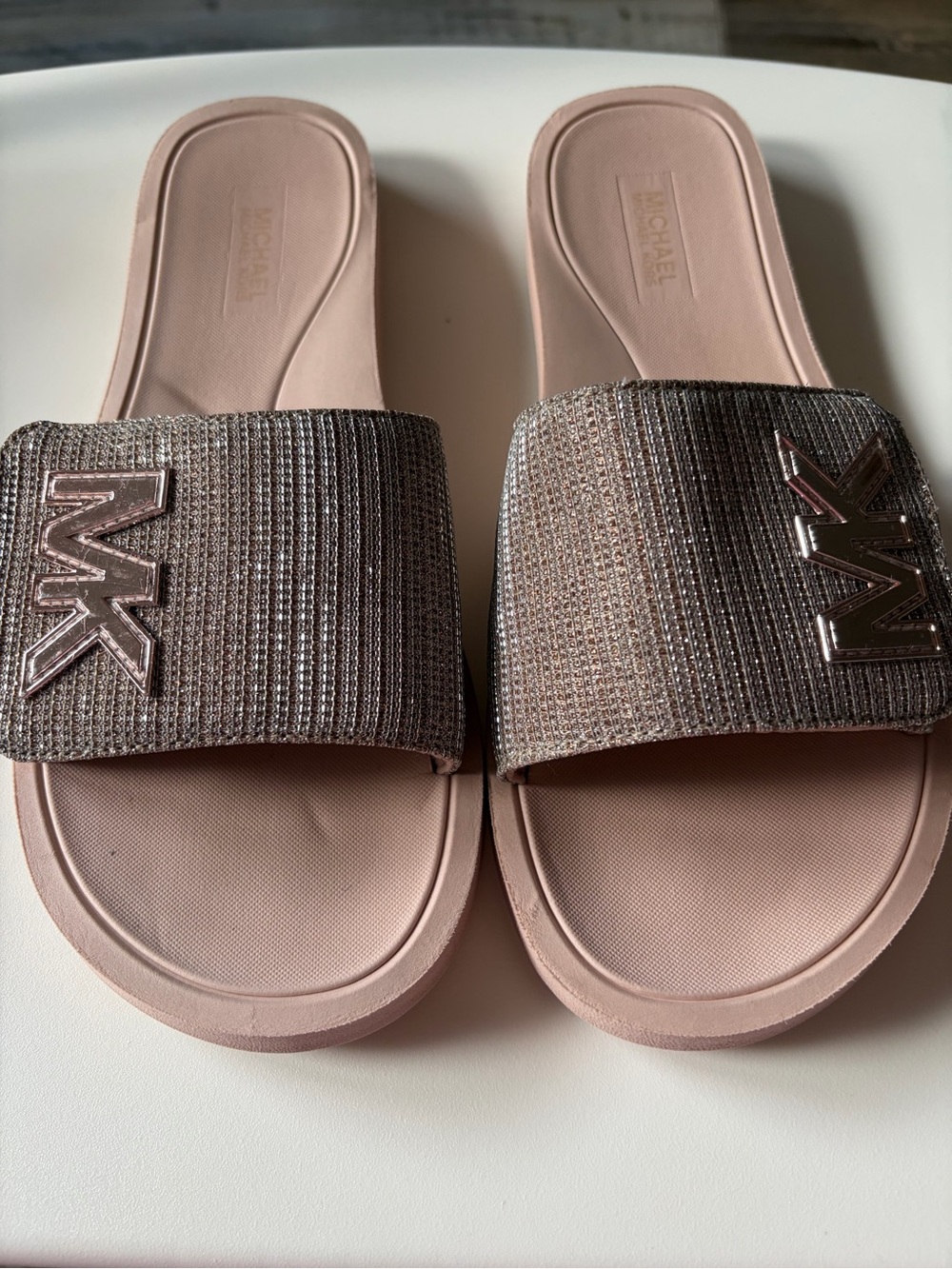 Michael Kors Rose Pink Glitter Logo Slide Sandals
